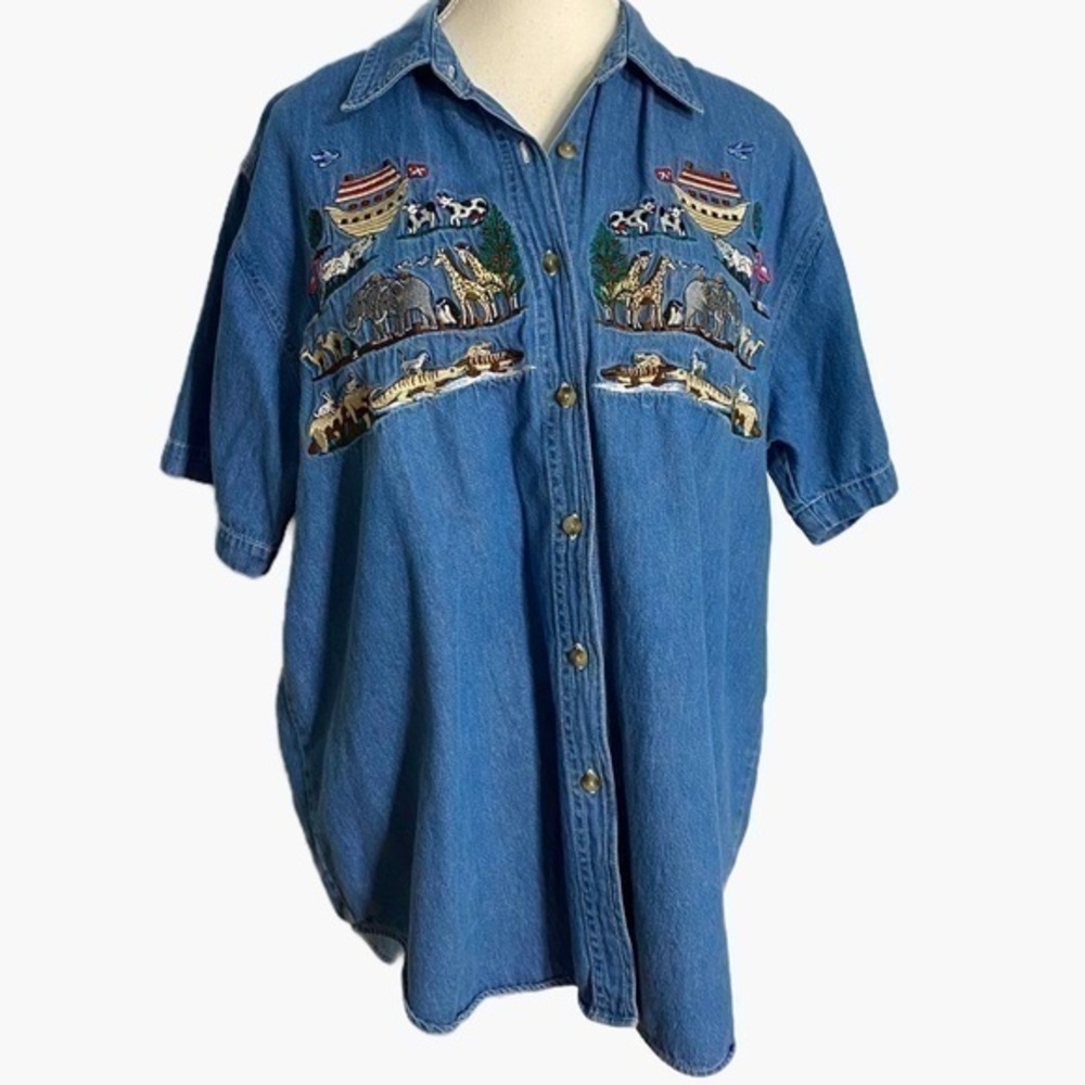 Let's Quiz Again 90’s Denim Noah's Ark Embroidered‎ Jungle Animals Jeans Shirt